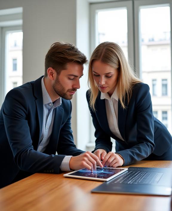 Consultants reviewing data points in a bright Paris office